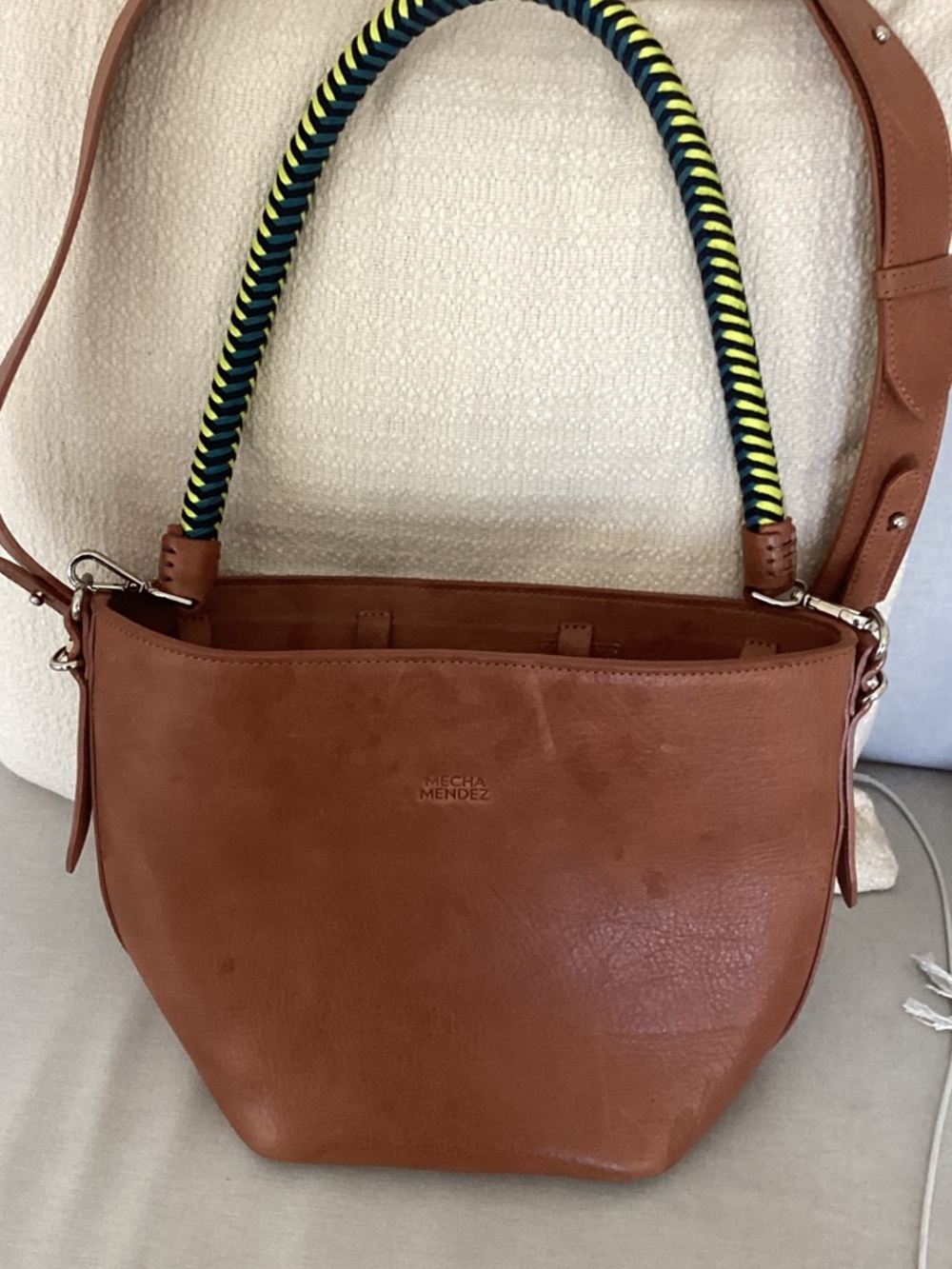 Mecha Mendez Cognac Leather Shoulder Bag with Braided Navy & Neon Handle